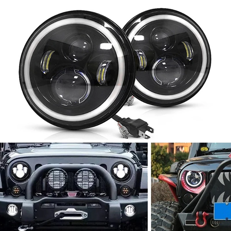 

1pc 7inch Running Lights Angel Eyes Car Led H4 75W Led Headlight For Lada Niva 4X4 Uaz Hunter Hummer suzuki samurai Jeep Wrangle