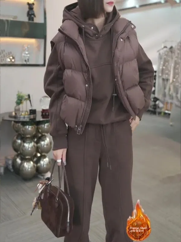 Winter Thickened Fleece Warm Three-Piece Set Cotton Vest Top Wide Leg Pants Sportswear Women's High Waist Long Pants Ensemble