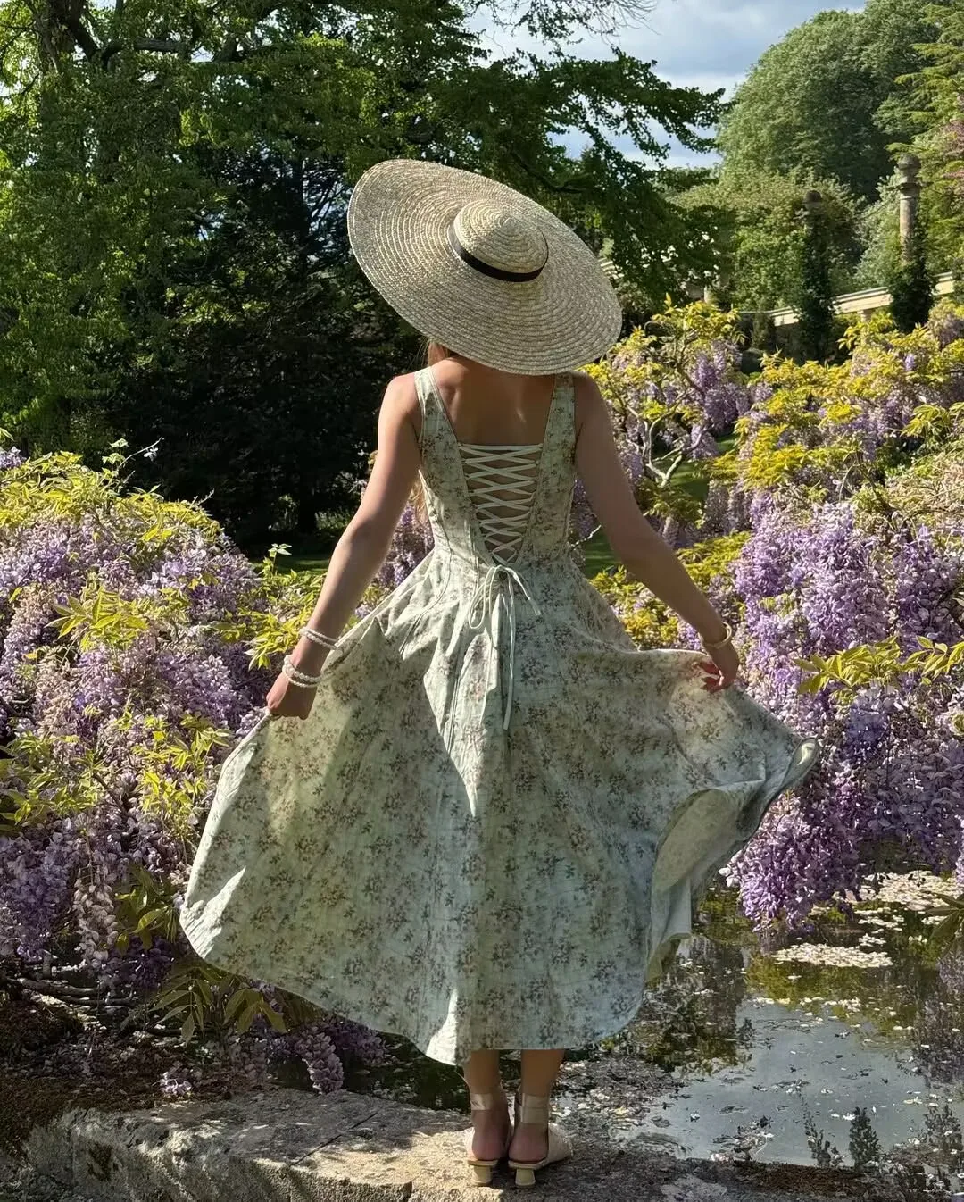 YENKYE 2025 Women Elegant A-line Midi Floral Print Sleeveless Dresses Square Neck Holiday Summer Robe Lace Up Bandage Back Dress