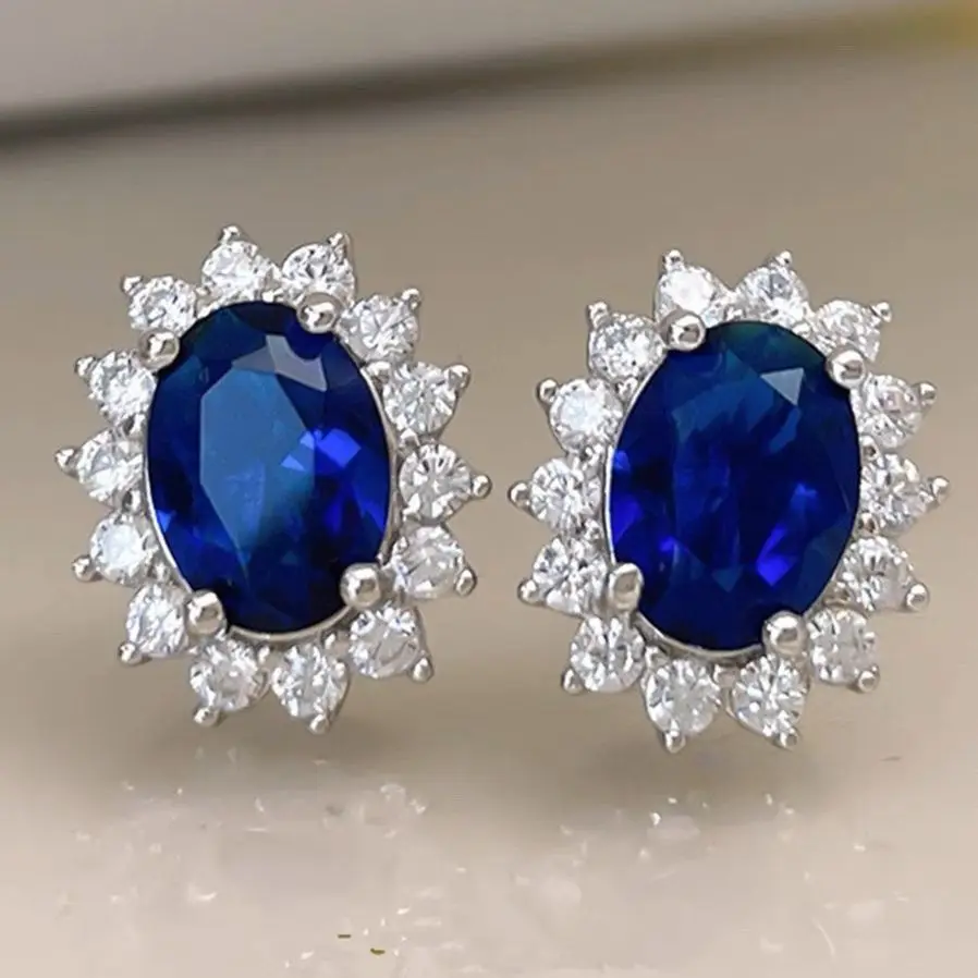 

Natural Sri Lanka Sapphire Earrings Sterling Silver Inlaid Royal Blue Luxury Exquisite Women's