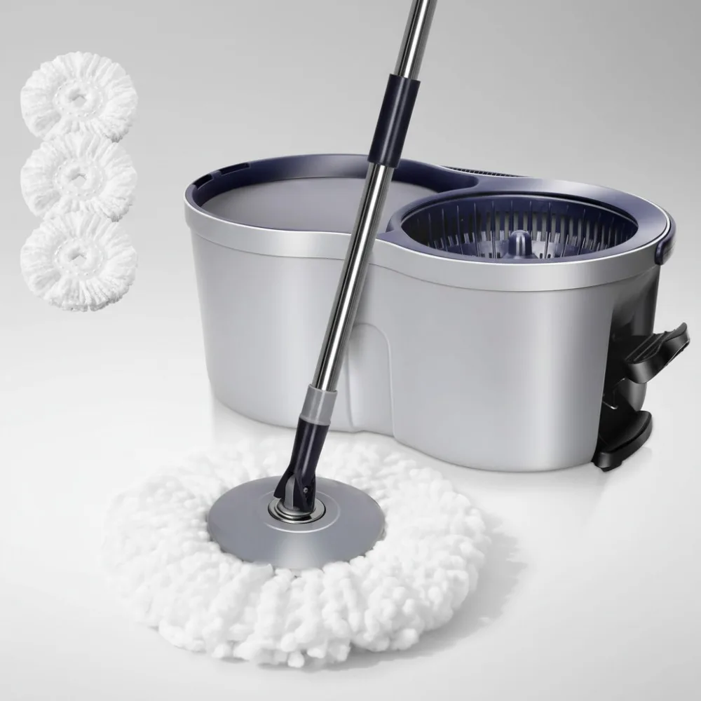 

Набор вращающихся швабр и ведер из микрофибры EasyWring с 3 подушечками, педальная система вращения для уборки пола — для домашнего и офисного использования