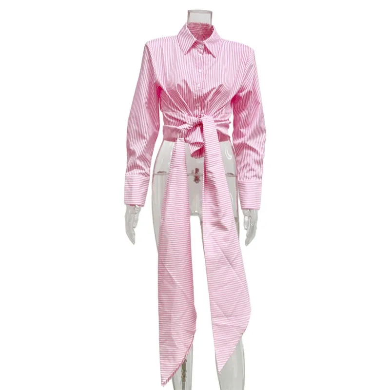 패션 스트라이프 여성 셔츠 긴팔 캐주얼 루즈 레이스업 허리 비대칭 셔츠 2025 라펠 넥 튜닉 블라우스 탑