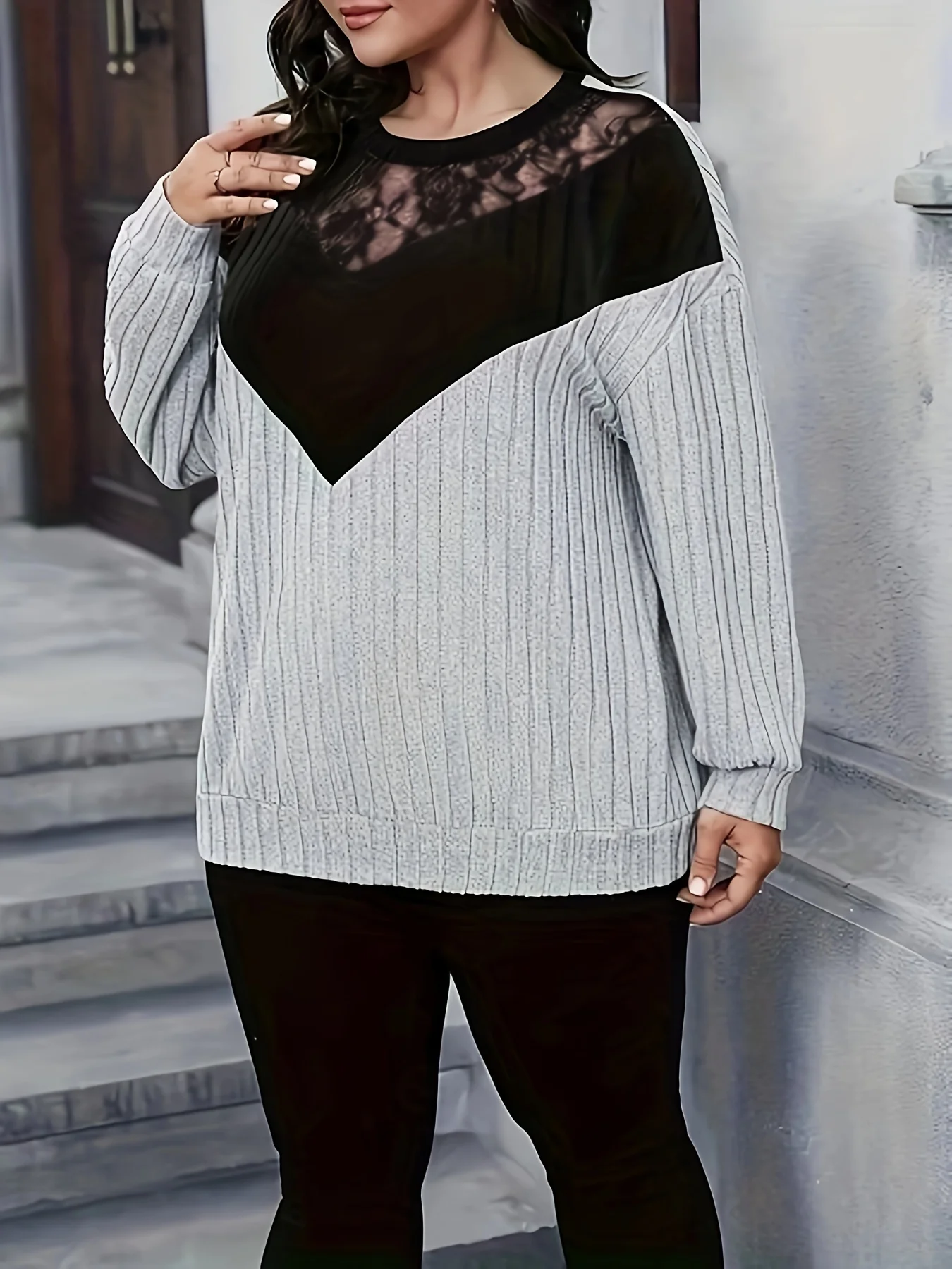 بلوزة نسائية مرقعة من الدانتيل بمقاس كبير، بلوزة كاجوال برقبة دائرية وأكمام طويلة، ملابس نسائية بمقاسات كبيرة