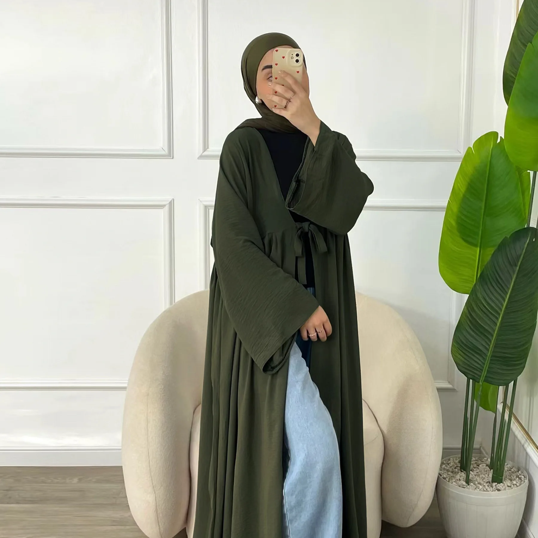 Casual Muslim Fashion Abaya Party Lace-Up Cardigan Robe Turkey  Autumn Woven Loose Fit Solid Pattern Dubai Dress
