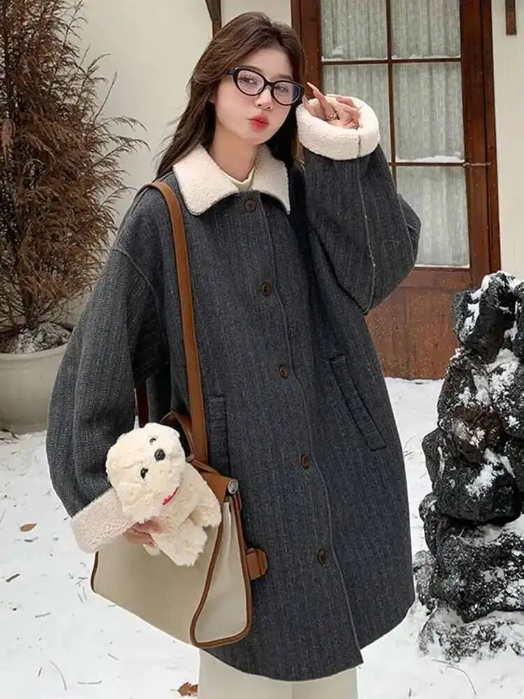 LANMREM Korean Style Winter Lamb Fur Coat For Women Lapel Mid