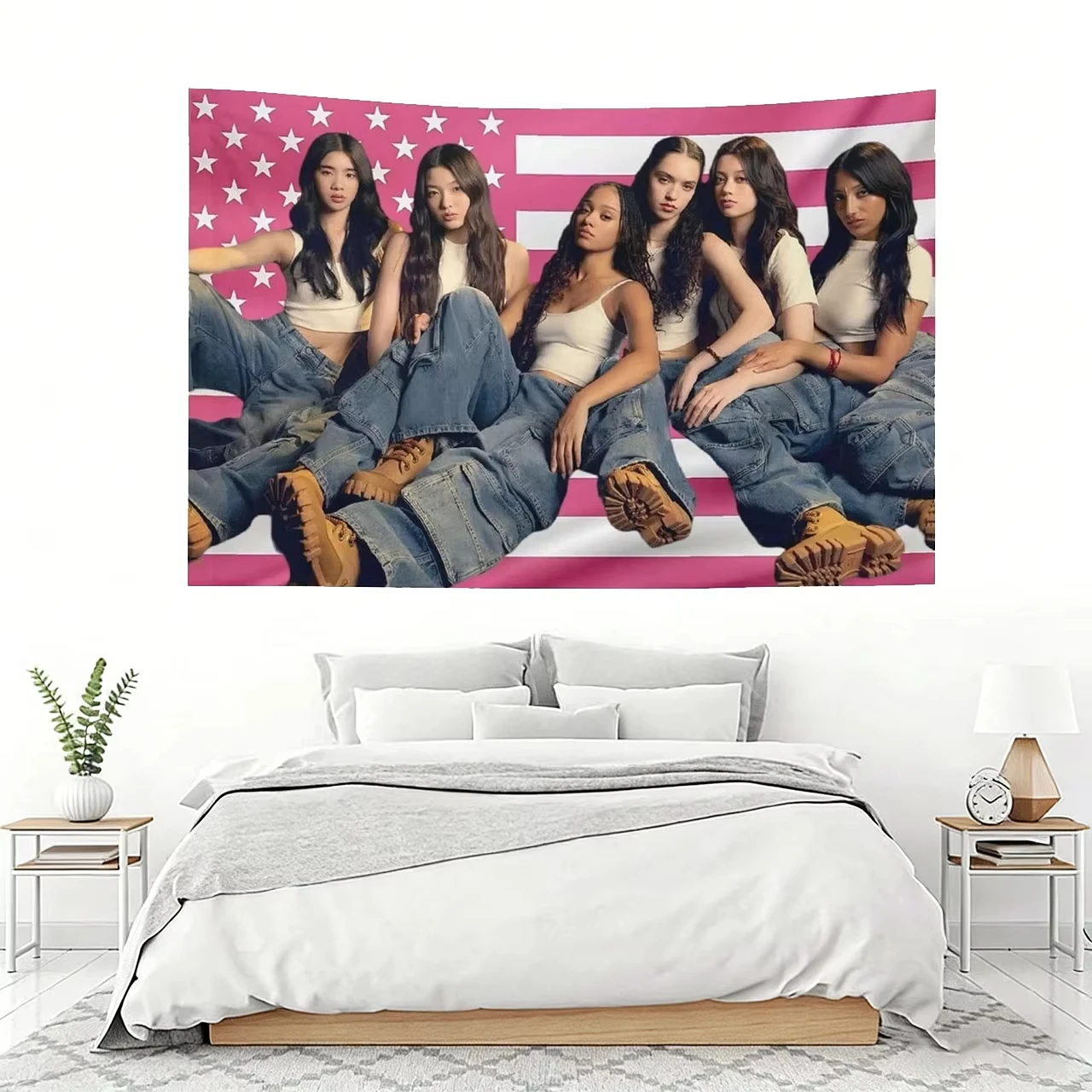 KATSEYE Pink American Flag Tapestry Kpop Girl Group Wall Hanging Tour Photo Print for Bedroom Dorm Flat Print Decor