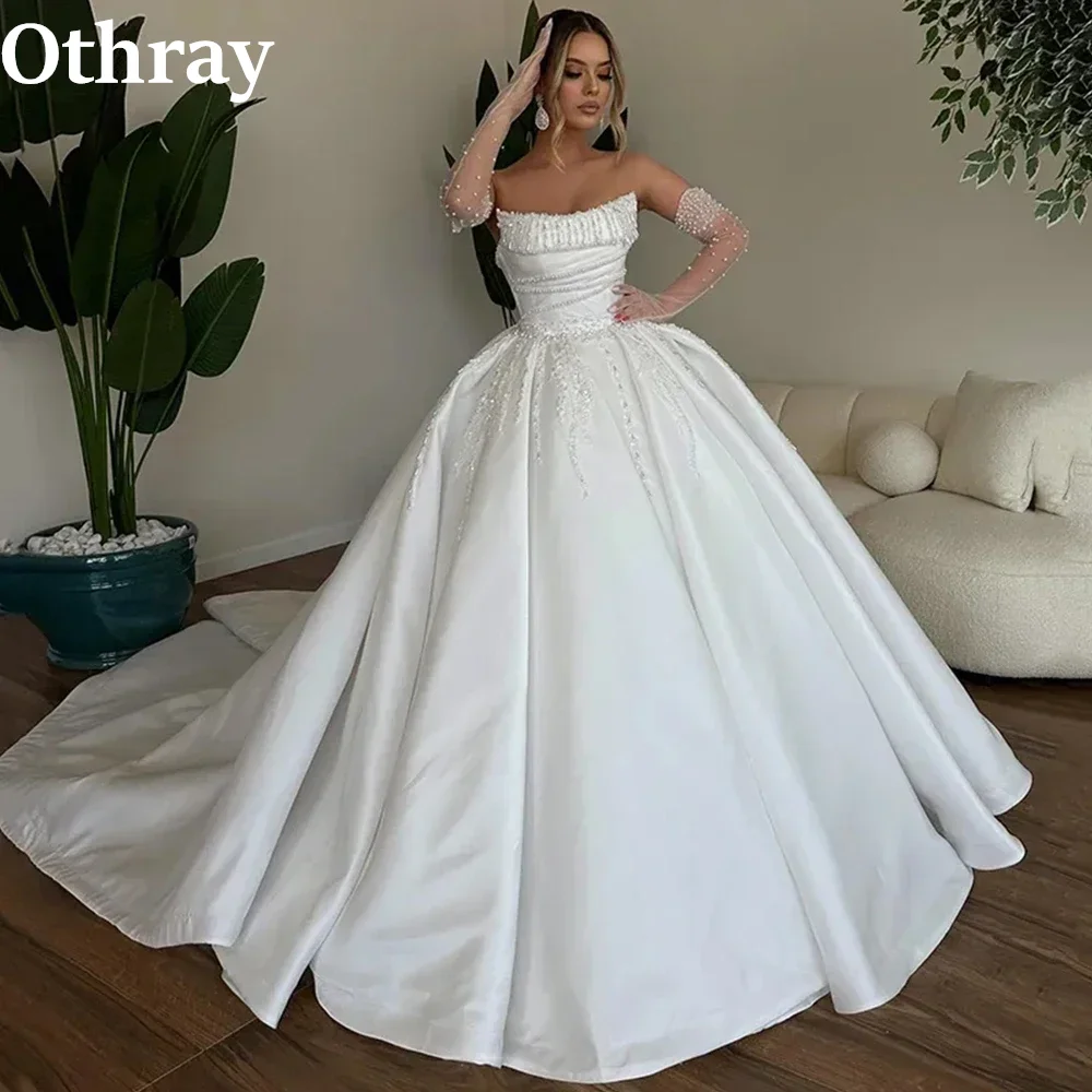 

Othray Gorgeous Princess Wedding Dresses Pearls Beaded Strapless Classic Satin Bridal Gowns Ball Gown Vestidos De Novia Dubai