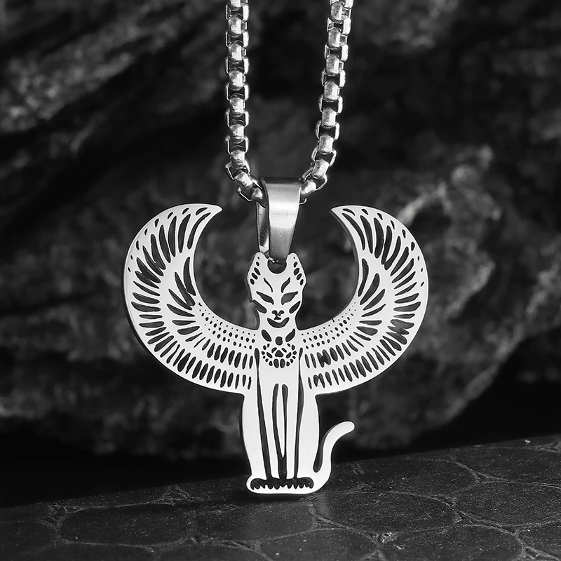 Men\\\'s Stainless Steel Ancient Egyptian Cat Cthulhu Mythos Terminator Pendant Necklace Women\\\'s Fashion Cool Jewelry