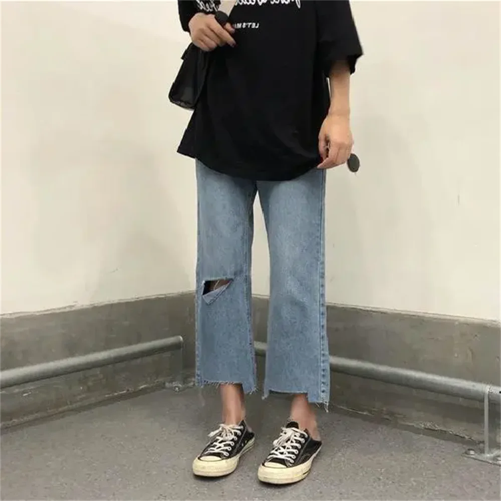 

Plus size Ripped Jeans Loose Capri Wide Leg Pants Autumn Neutral High Waist Chubby Girl Slimming Pear-Shaped Straight Pants