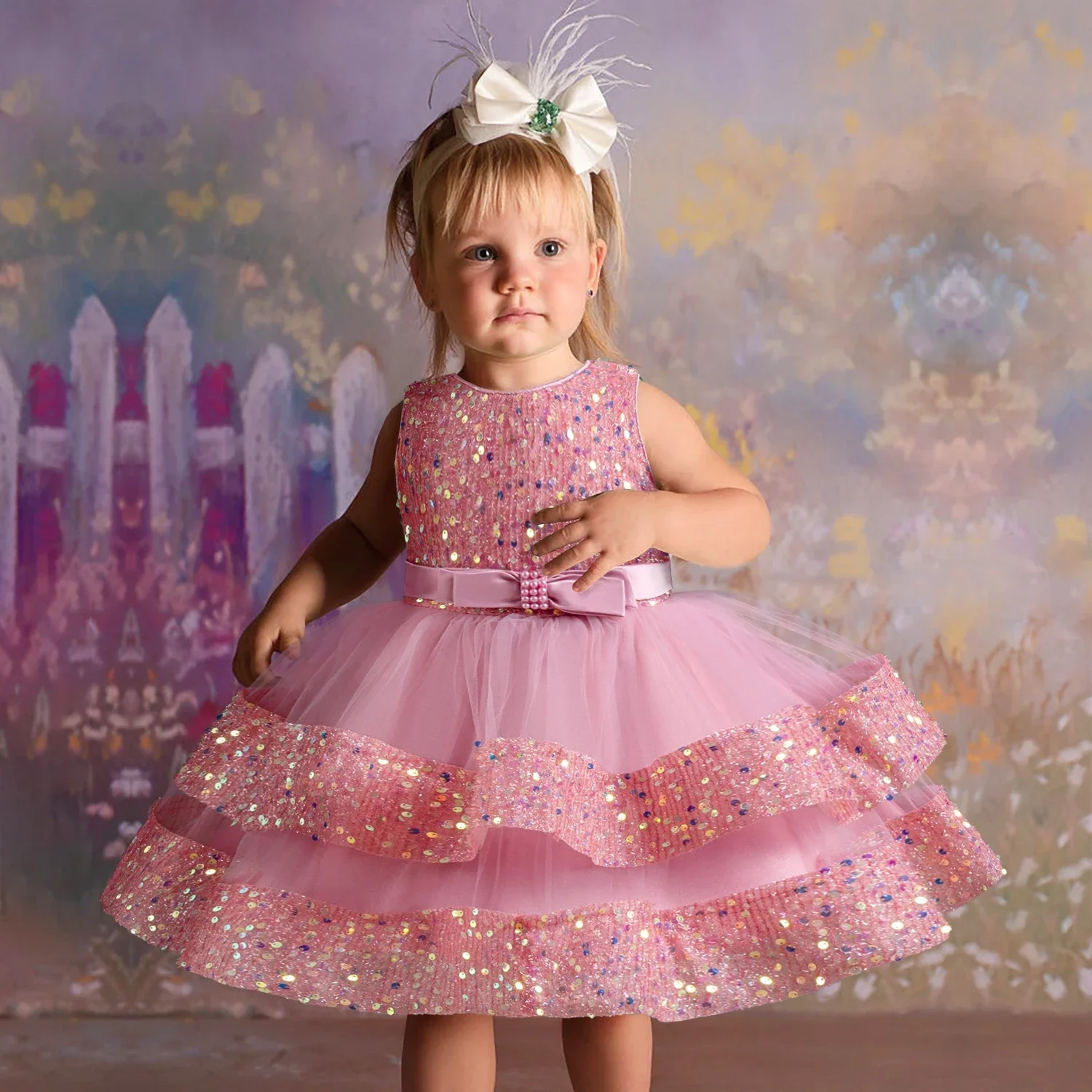 Flower Girl Dresses for Weddings Cute Bowknot Birthday Party Toddler Girls Dress Puff Sleeve Sequin Baby Girls Princess Dress