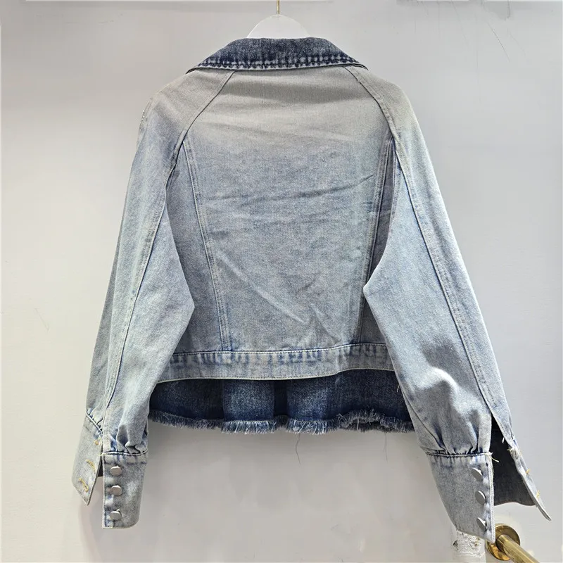 

Autumn Women Fashion Lace Patchwork Denim Jacket Loose Casual Lapel Single-Breasted Long Sleeve Jeans Jacket Coat Streetwear