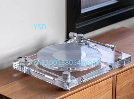 

Black vinyl record player with Bluetooth, retro gramophone, modern acrylic transparent desktop style.