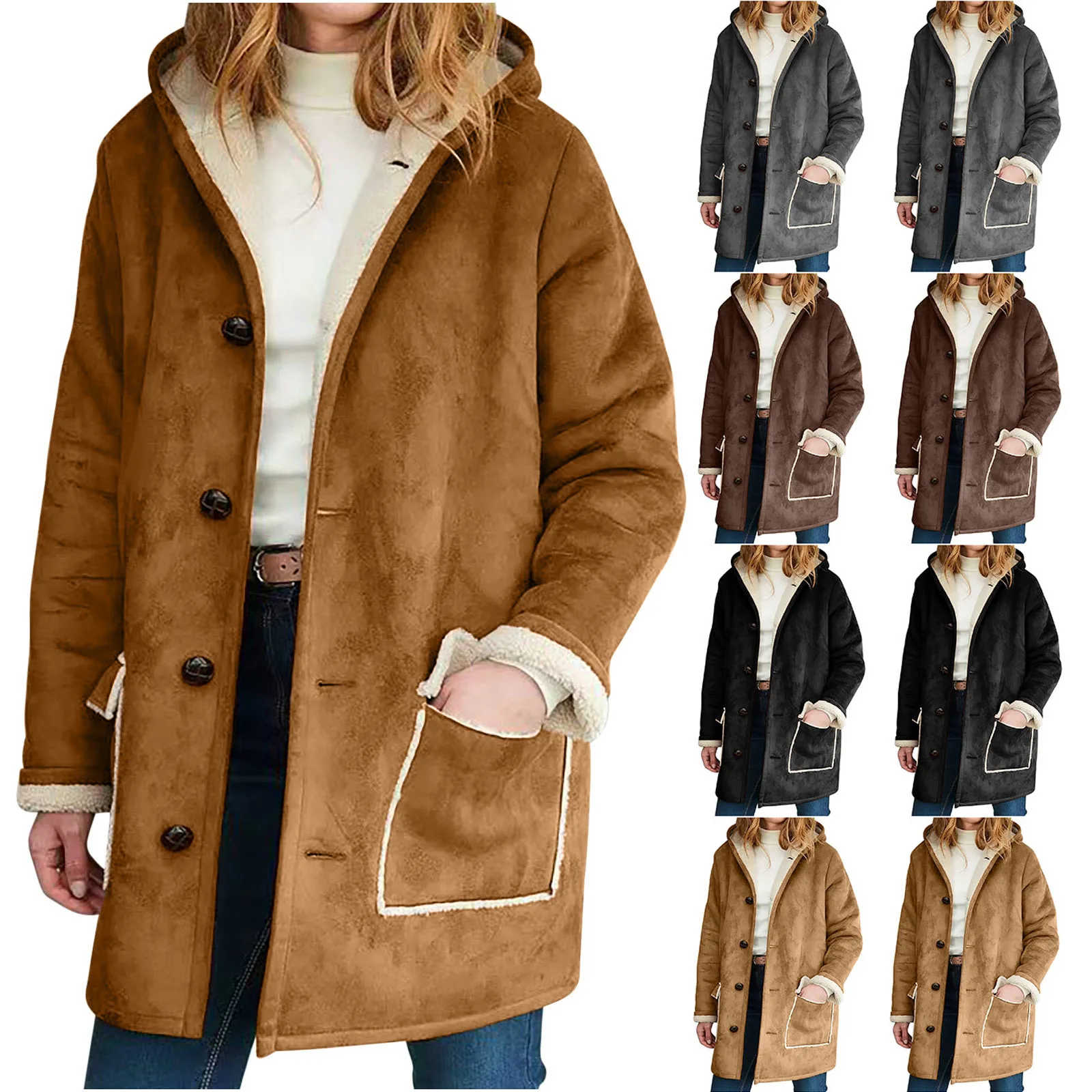 Mittellanger Retro-Mantel aus Wildlederimitat mit Kapuze, 2025 Winter, euroamerikanischer Stil, Damenmode, warme, einreihige, breite Reversjacke