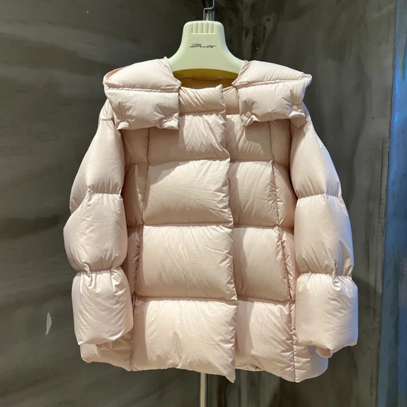 Inverno 2025 feminino engrossado quente com capuz jaqueta de alta qualidade moda high-street branco ganso para baixo casaco de pão fofo ao ar livre