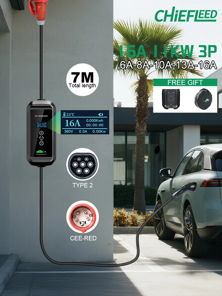 Chiefleed Tragbares EV-Ladegerät, 16 A, 3P, 11 kW, Typ 2, IEC-62169, Timer, 1–15 Stunden Aufladung, CEE-Stecker für Elektroautos, insgesamt 7 m