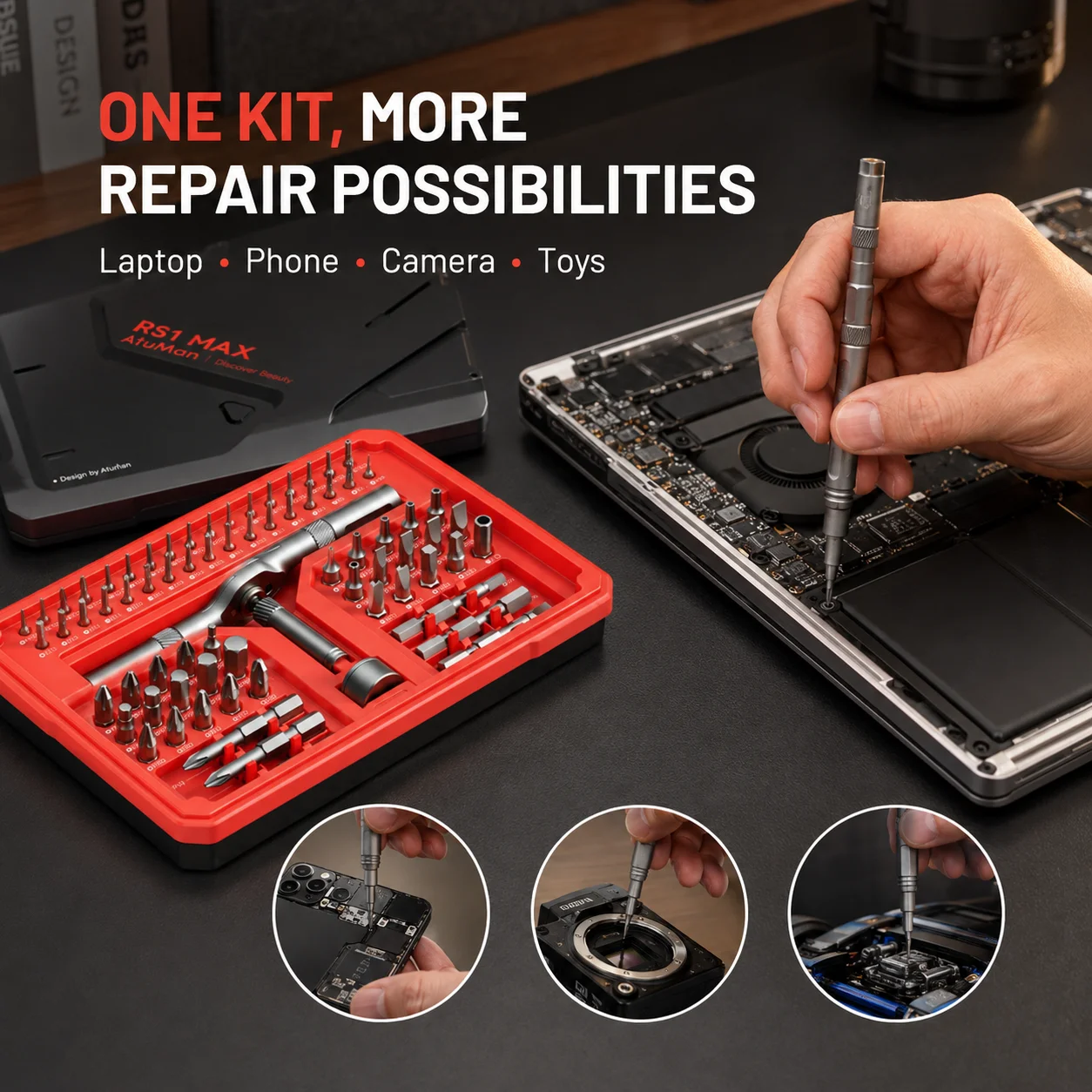 ATuMan RS1 MAX 68PCS S2 Steel Precision Ratchet Screwdriver Set, Multi-Mode Handle Repair Tool for Phone Laptop Electronics