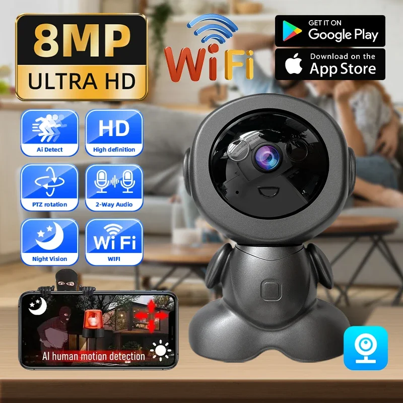 8MP Wifi Surveillance Robot Cmaera Two Way Audio Baby Monitor Color Night Vision AI Smart Tracking PTZ Security 4X Zoom Cameras