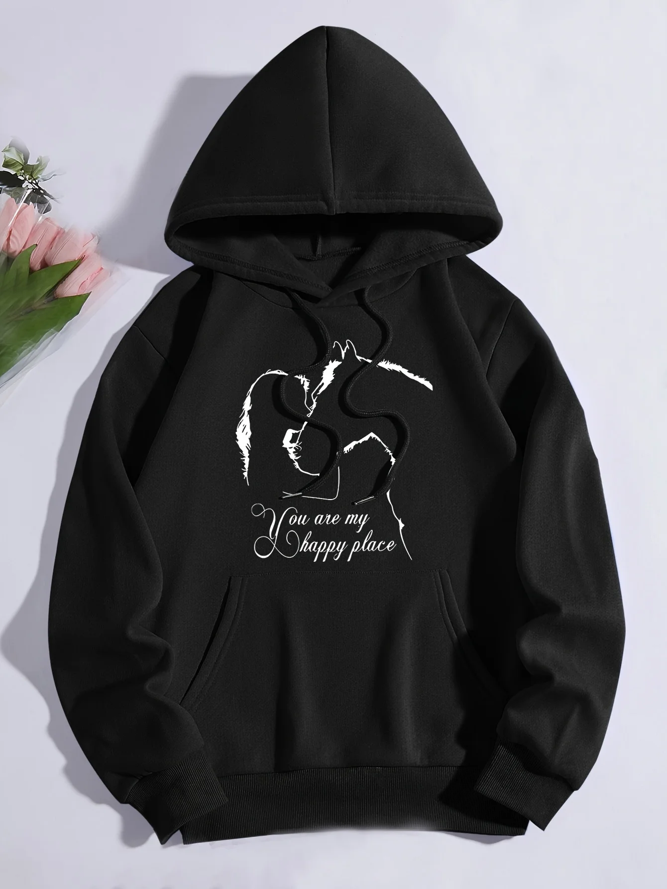 Girl & Horse Print Kangaroo Pocket Hoodie Casual Long Sleeve Drawstring Hoodies Sweatshirt Women's Clothing Fashion Sweatshirt