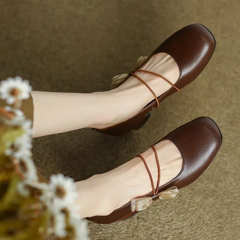 

2025 Spring Autumn Vintage Mary Jane Women Shoes Bow Knot Round Toe Chunky Heel Slip on Flats Elegant Versatile