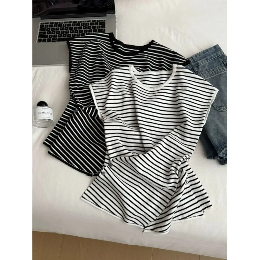 Korean Style Women's Black and White Stripes T-shirt Summer Flutter Sleeve Irregular Waist Up Shirt Casual Fashion Top