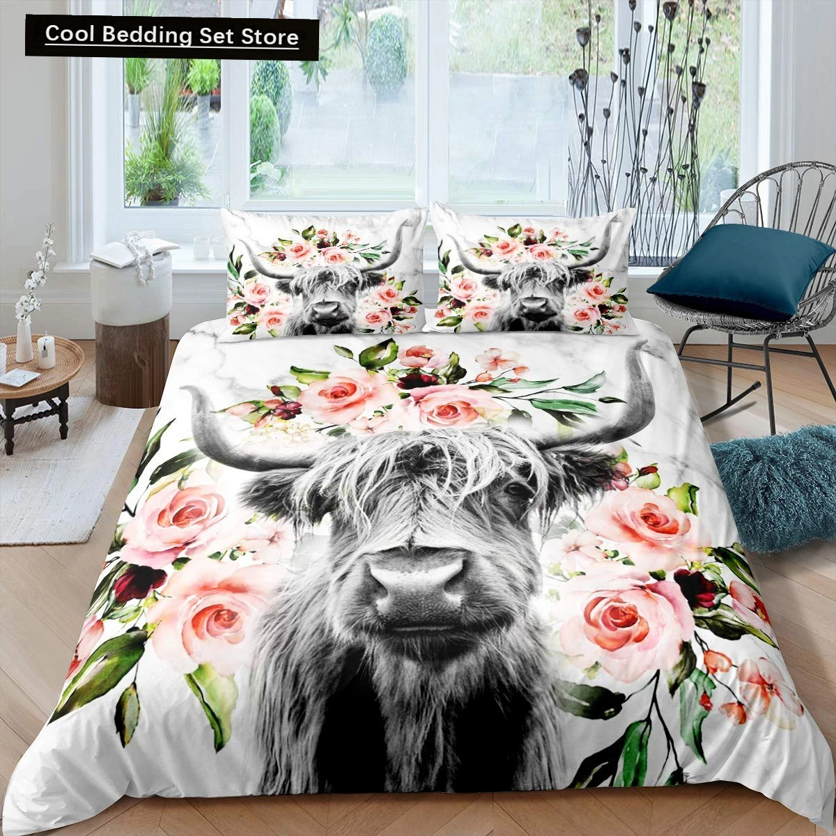 Highland Cow Flower King Queen Duvet Cover Cattle Rose Bedding Set Western Animal Comforter Cover Farmhouse Bull Quilt Cover