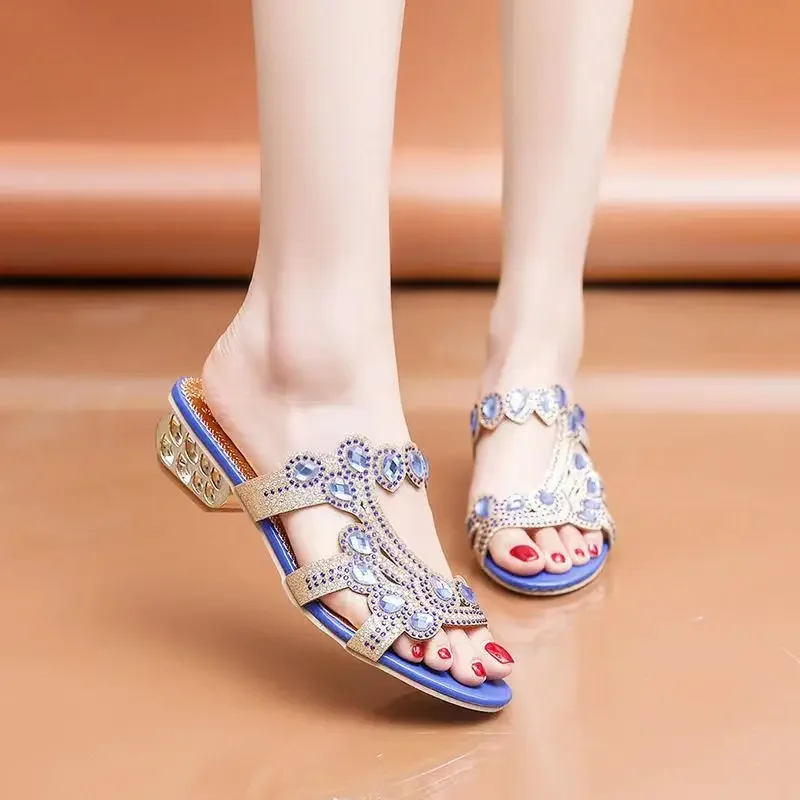 Women Slippers Summer 2024 Rhinestone Women Chunky Heels Sandals Hollow Fashion Casual Slippers Women Slides Sandalias De Mujer