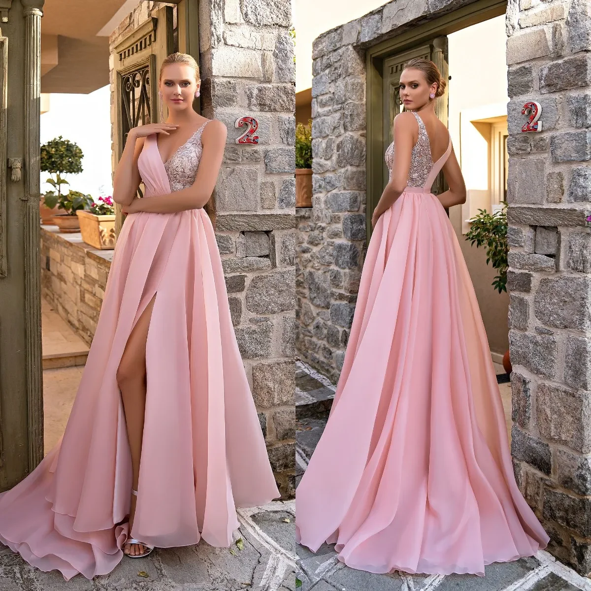 A-line PROM dress Sexy side split V-neck Formal elegant embroidered decal backless formal special occasion party evening dress