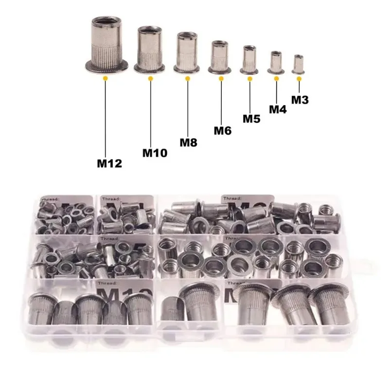 155pcs M3 M4 M5 M6 M8 M10 M12 Stainless Steel Rivet Nuts Metric Nutsert Rivnuts Assortment Kit Flat Head Threaded Rivets Insert
