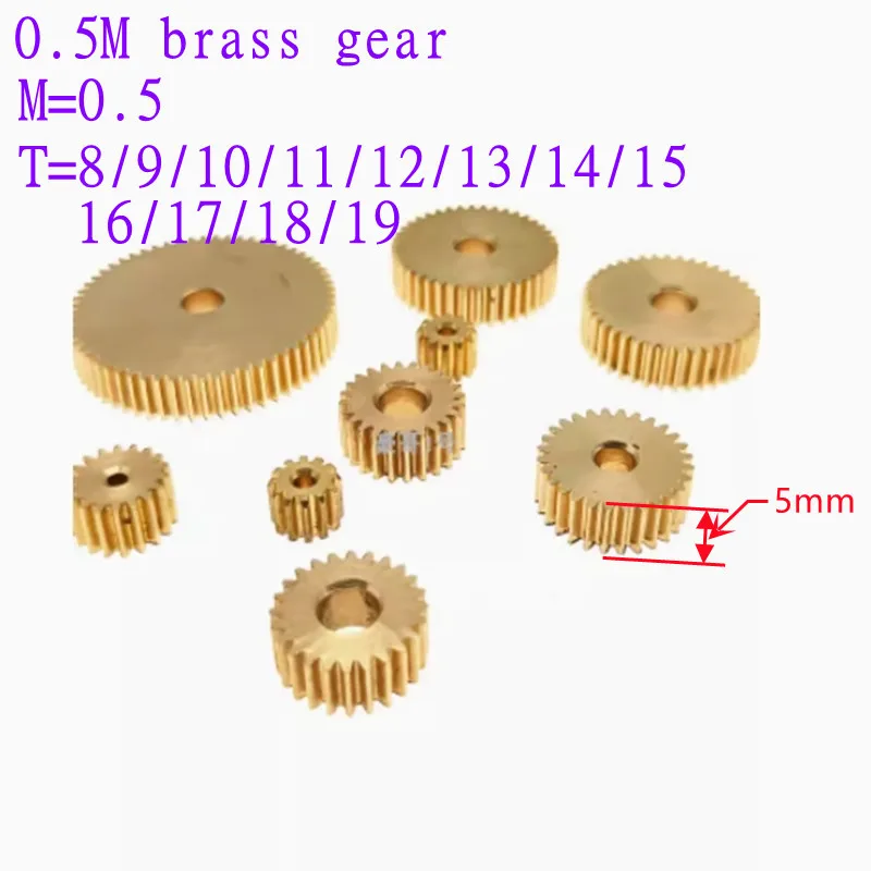 

5PCS/LOT 0.5M 8T 9T 10T 11T 12T 13T 14T 15T 16T 17T 18T 19T Teeth Brass Spur Gear bore 2/3/4/5/6/mm