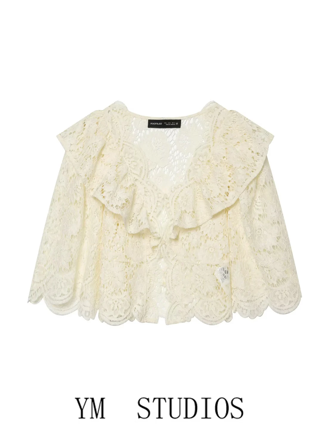 Elegant Ladylike Lace Shirt Women's V-neck Short Outerwear See-through Floral  Polyester Fiber Breathable Summer Fashion