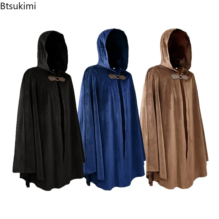 Men's Velvet Cloak with Hood Renaissance Medieval Retro Hooded Cloak for Women Men Halloween Role Playing Combat Warrior Costume