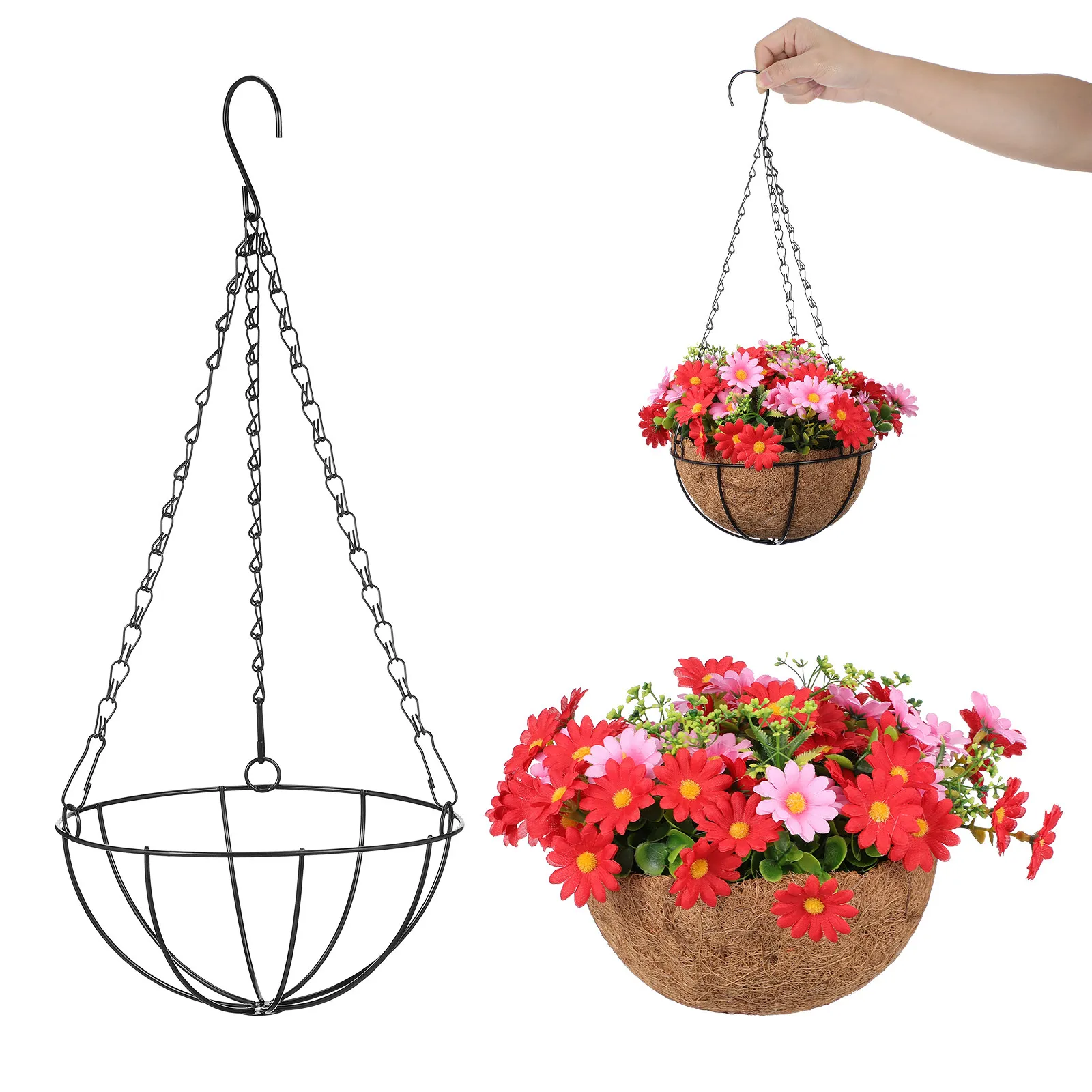 Coconut Fiber Flower Basket Hanging Pot Iron Frame Artificial Flowers Decor Garden Balcony Yard Wreath Hanger Plant Holder