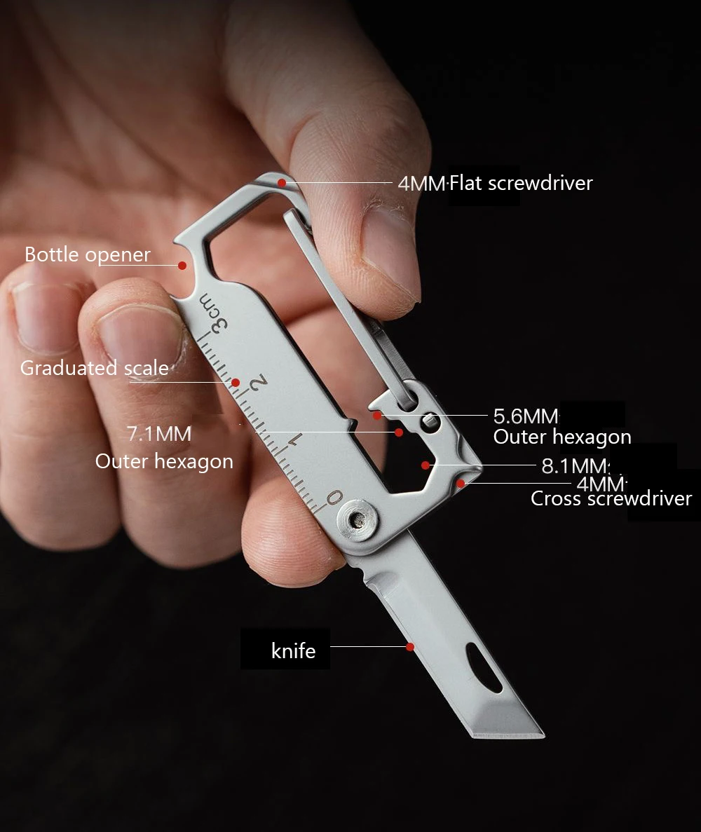 8 IN 1 Stainless Steel Keychain Knife Pocket MINI Folding Knife Screwdriver Graduated Belt Pendant Multifunctional Bottle opener