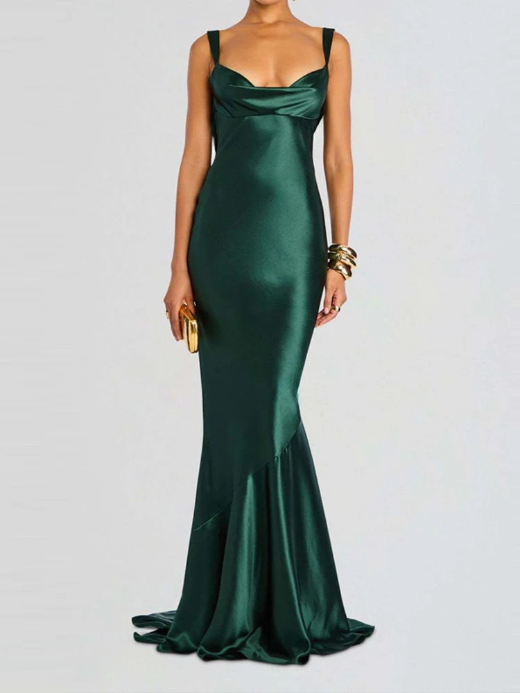 Women Sexy Slash Neck Slim Bodycon Long Dress Simple Fashion Sleeveless Spaghetti Straps Summer Dress Casual Solid Mermaid Dress