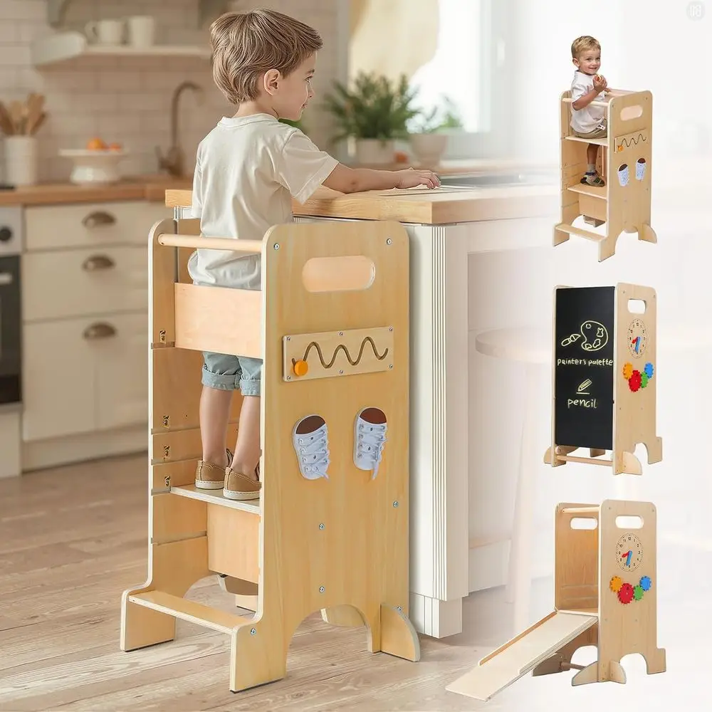 

Toddler Tower 4-in-1 Multiunctional Kitchen Stool Heer with Removable Saety Board, Adjustable Heights, Slide, Highchair, Chalkbo