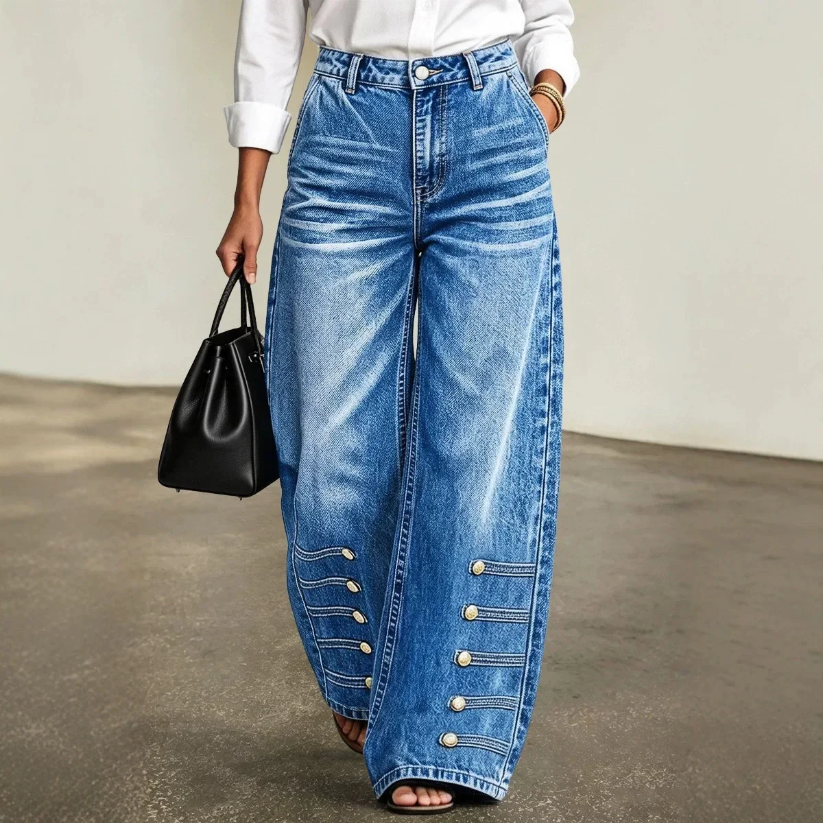 Retro Washed Wide Leg Denim Jeans Women's High Waist Straight Cut Pants Street Style Cotton Polyester Blend Long Trousers