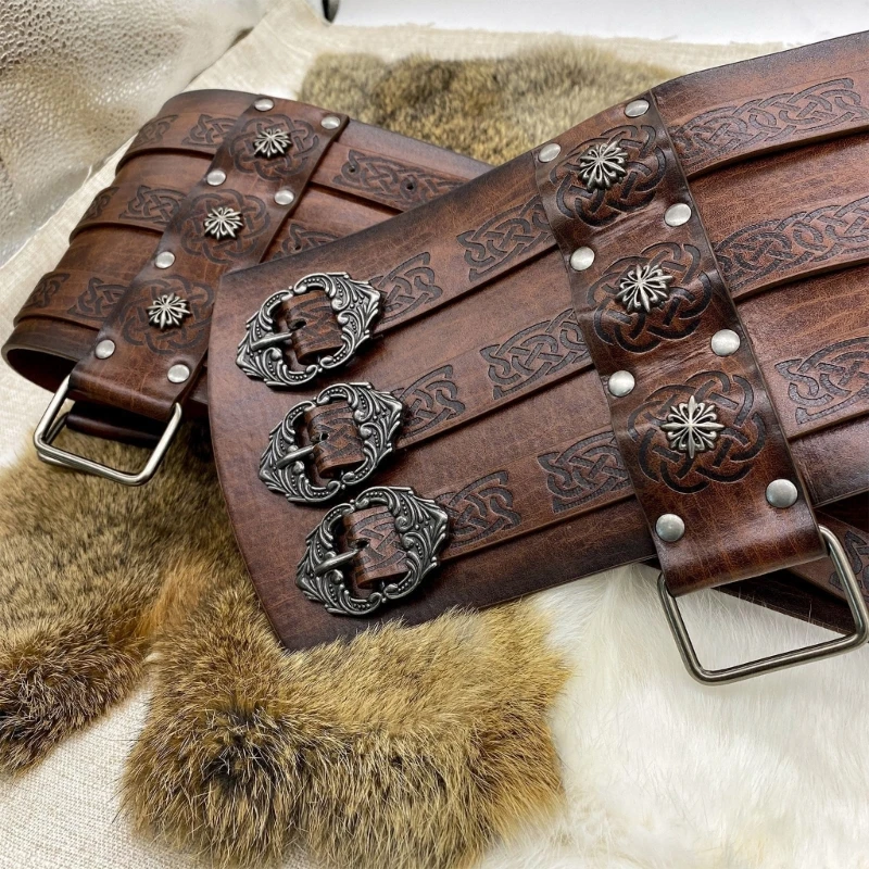 Medieval Faux Leather Belt Renaissance Knight Corsets Belt Viking Embossed Wide Belt Norse Cosplay Costume Armors Belt