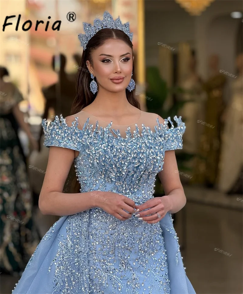 

Новое роскошное синее свадебное платье с отстегивающимся шлейфом, кристаллическими аппликациями, 3D-эффектом, в стиле русалки, для невесты, вечерние платья для африканских женщин, Vestido de Gala