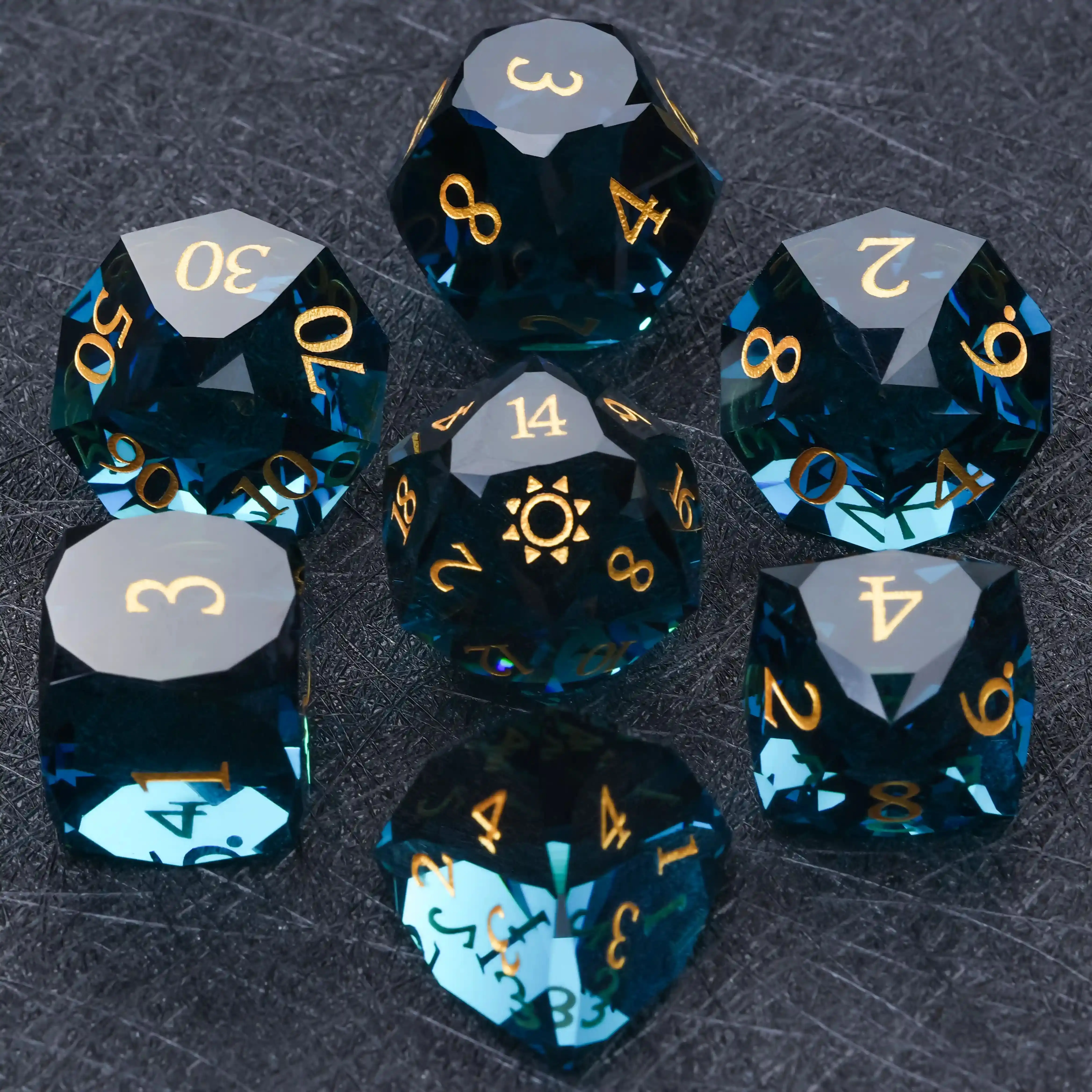 

7pcs DND Blue/Green Glass Gemstone Dice Set Golden Word Dice Multi-sided Polyhedral Dice for D&D Game COC Role Playing RPG Table