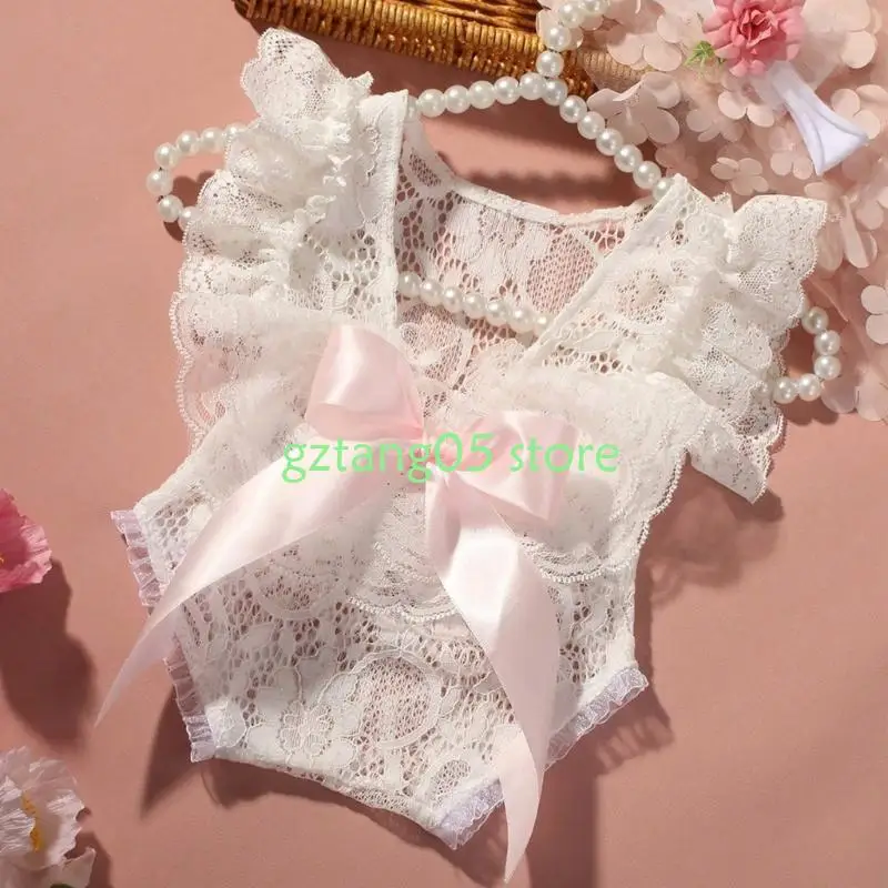 

57ee 2pcs/set младенца кружевного комбинезона и повязка на голову просмотрите через лампу с спиной с волосами для стильной