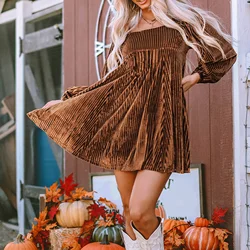 Autumn New Style High Waist Short Dress for Women Solid Color Velvet Square Neck Long Sleeve Dress