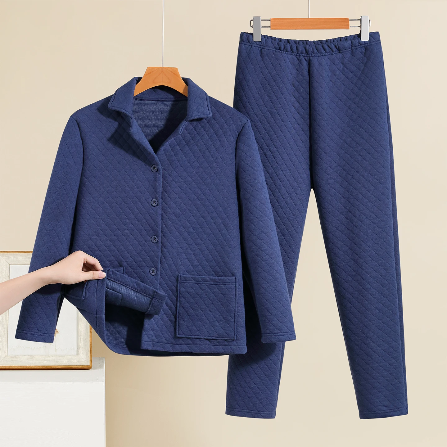 Men's Warmth-Preserving Long Pants Sleepwear Set Thickened Winter Home Clothes V-Neck Two-Piece Suit for Middle-Aged And Elderly
