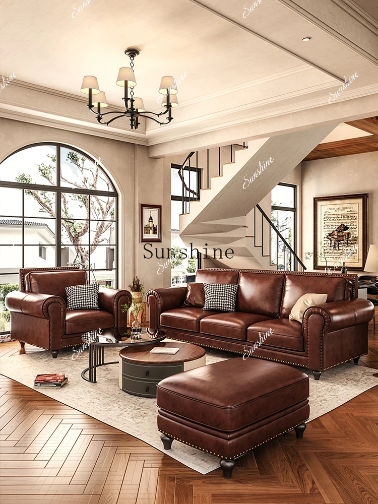 

American oil wax leather first layer cowhide sofa small apartment straight row brown retro living room furniture FT