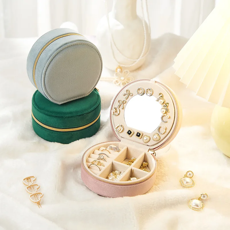 New round portable jewelry box exquisite jewelry earrings senior light luxury mini velvet jewelry storage box