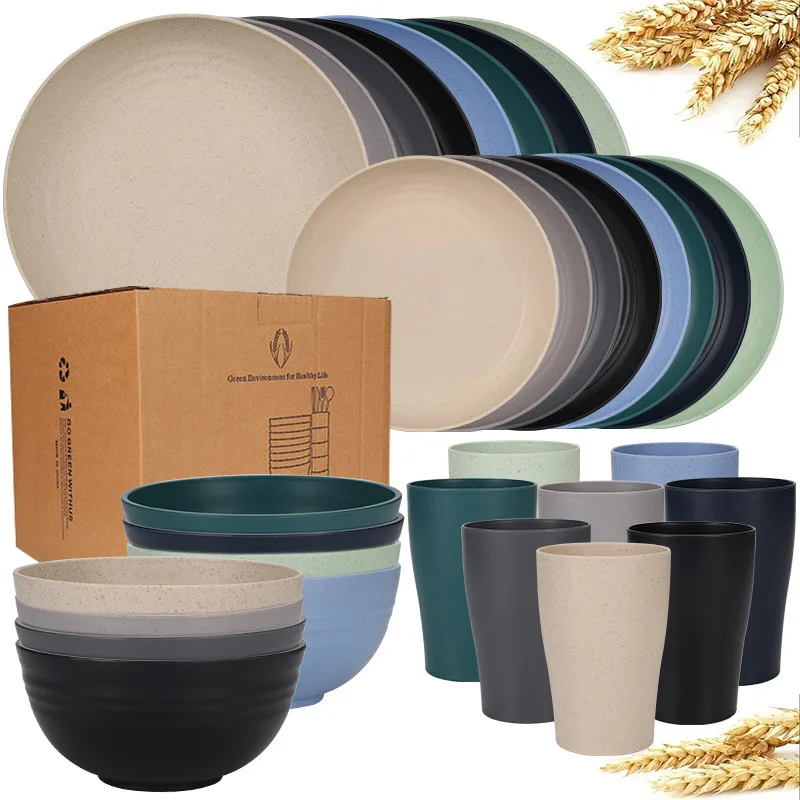 Juego de vajilla de paja de trigo Natural, juegos de vajilla, platos irrompibles biodegradables, tazones, tazas, ligeros para cocina y Camping