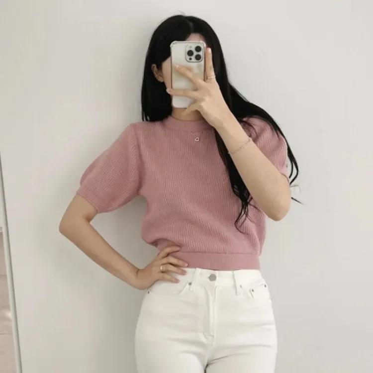 Thin O Neck Cropped Pink Sweaters Women Slim Short Sleeve Shirt Back Bow Bandage Tops Sueter Jumper Blouse Shirts Sweet