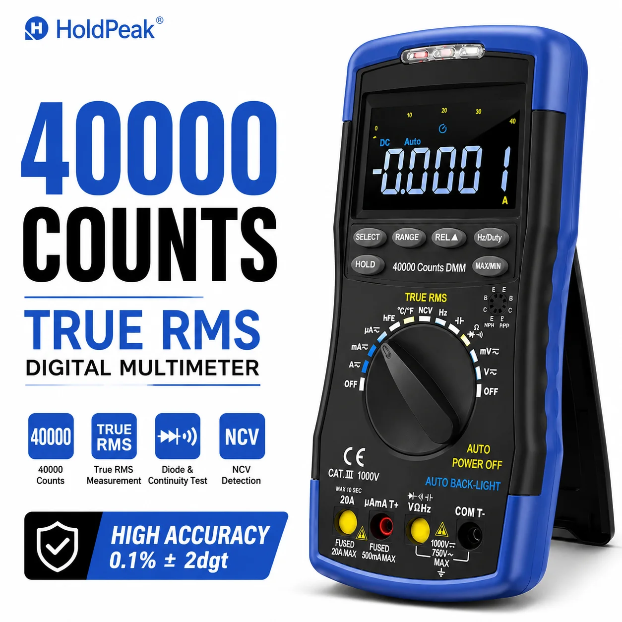 Multímetro Profissional True RMS com 40000 Contagens e Auto-Range, Testador de Tensão/Ohm/Capacitância AC/DC, Detector de Tensão Sem Contato NCV