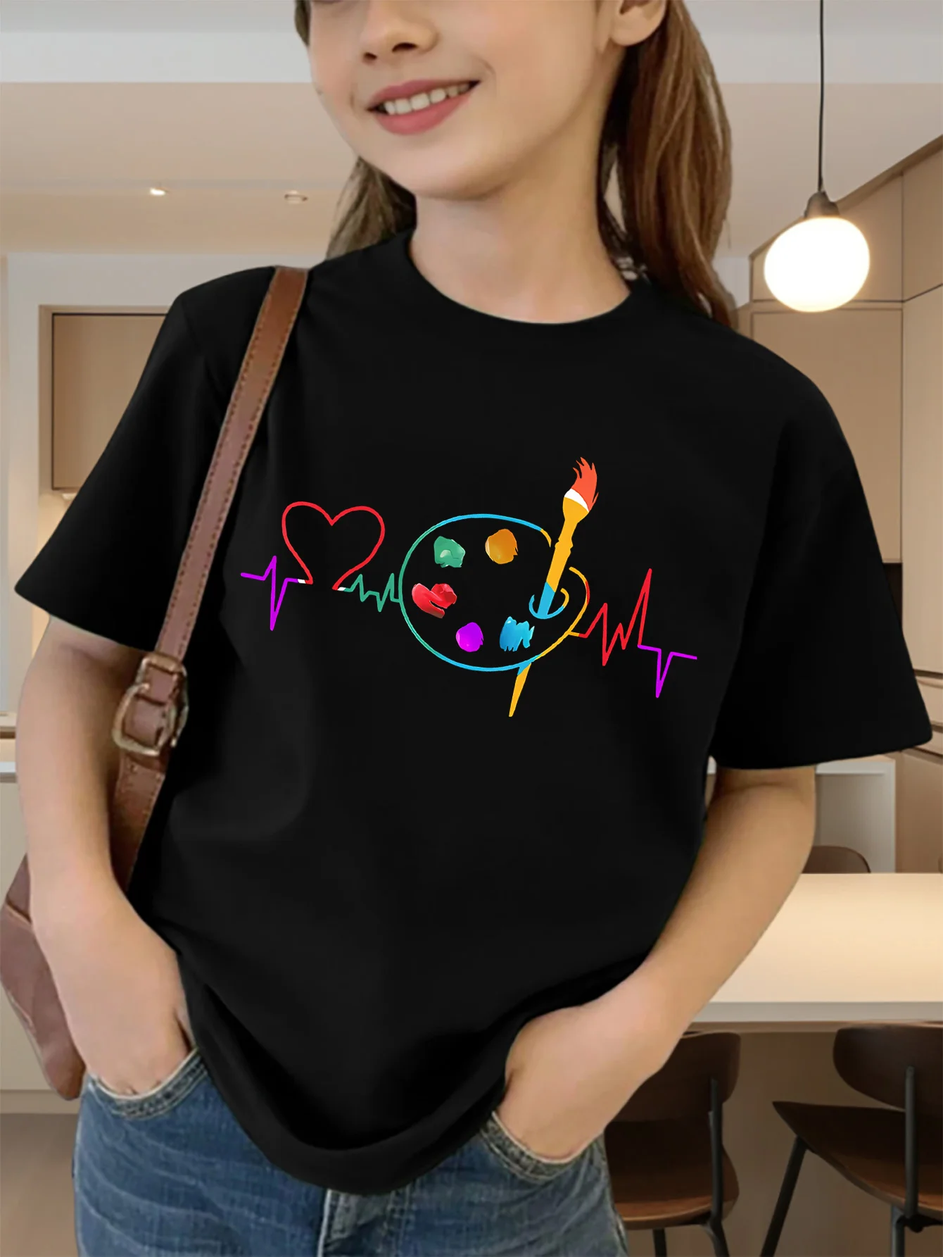 Cute Heartbeat Paint Palette Brush Art Graphic Kids Tee Boys Girls Family Matching Cotton Crew Neck Short Sleeve Soft Summer Tee