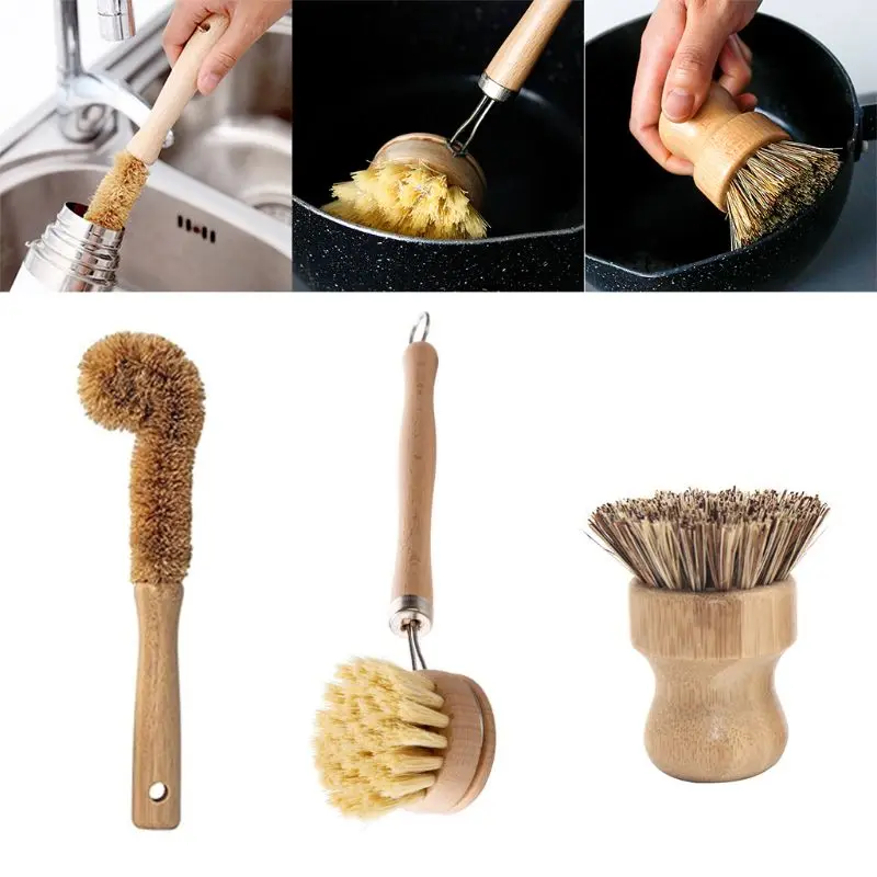 2022 New Plant Based Cleaning Brush Set,Bamboo Kitchen Scrub Brush Set of 4 Clean Tablewa