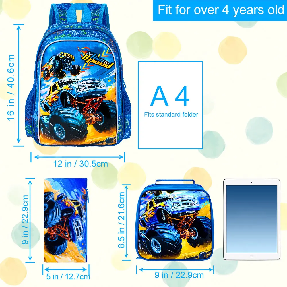 Ransel Truk Anak Laki-laki 3 Buah, Tas Buku Mobil Anak dengan Kotak Makan Siang, Tas Sekolah Tahan Air untuk Balita Prasekolah Dasar